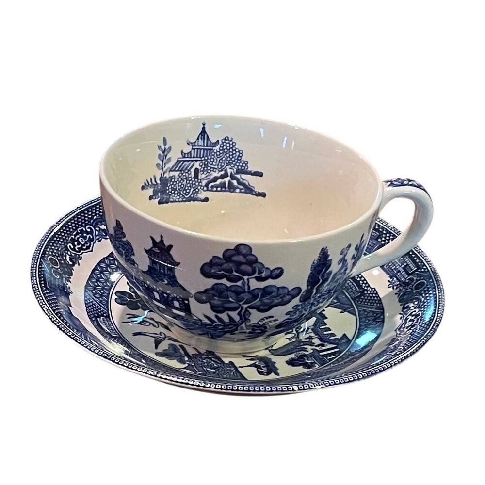 Vintage Johnson Bros. Willow Chinoiserie Teacup & Saucer, Blue, White, Set of 7